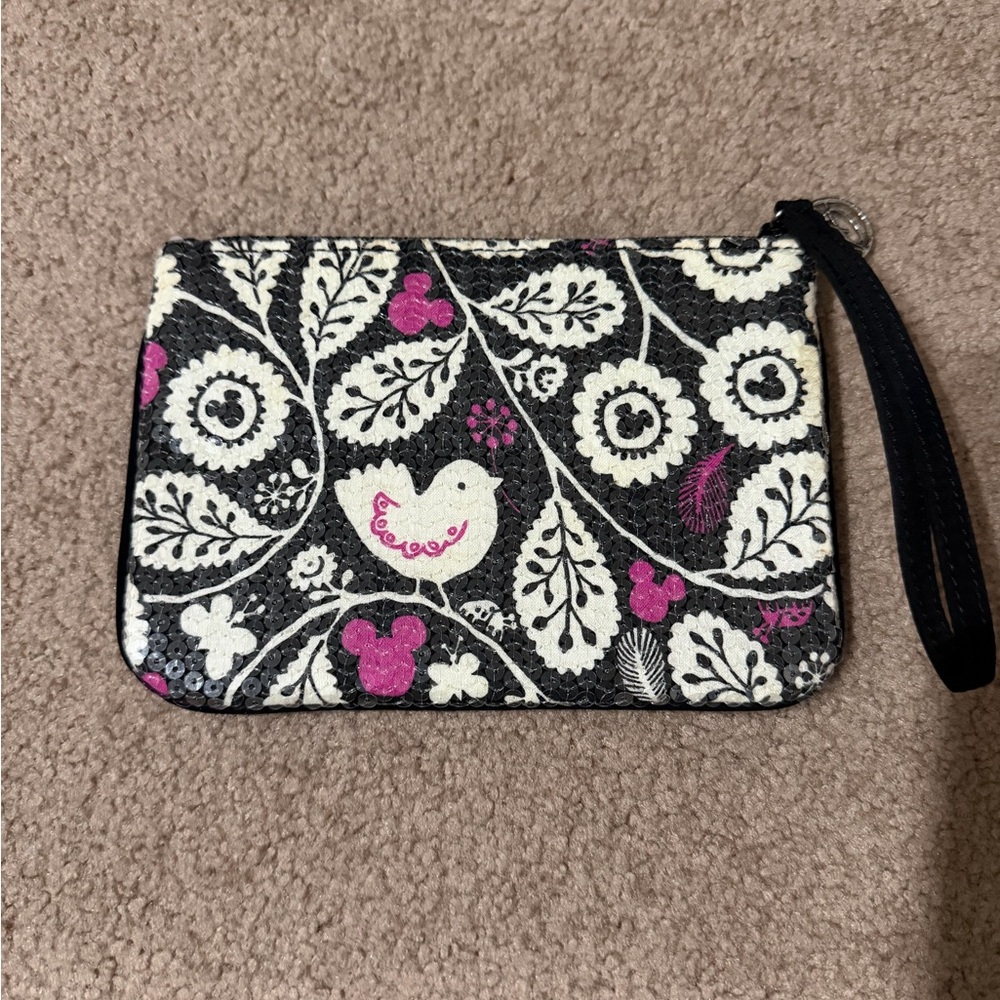 Vera Bradley Black White & Pink Floral Bird Wristlet